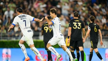 Aug 11, 2023; Pasadena, CA, USA; Monterrey midfielder Sergio Canales (10) celebrates his penalty kick goal with forward Rogelio Funes Mori (7) against Los Angeles FC  during the second half at Rose Bowl Stadium. Mandatory Credit: Kelvin Kuo-USA TODAY Sports